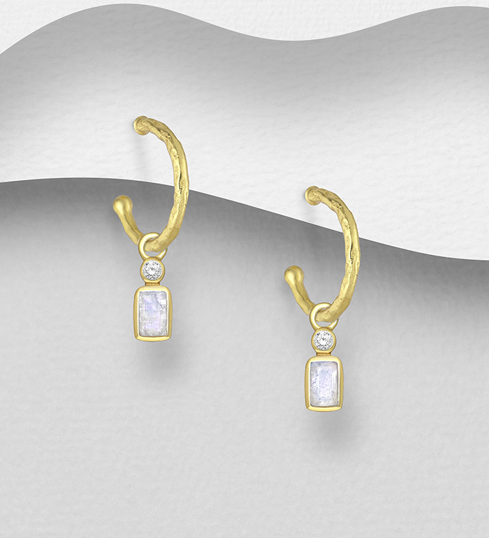 Desire by 7K - Wholesale 925 Sterling Silver Push-Back Earrings, Decorated with Rainbow Moonstone and White Zircon, Plated with 0.3 Micron 18K Yellow Gold - SKU #2070-92A