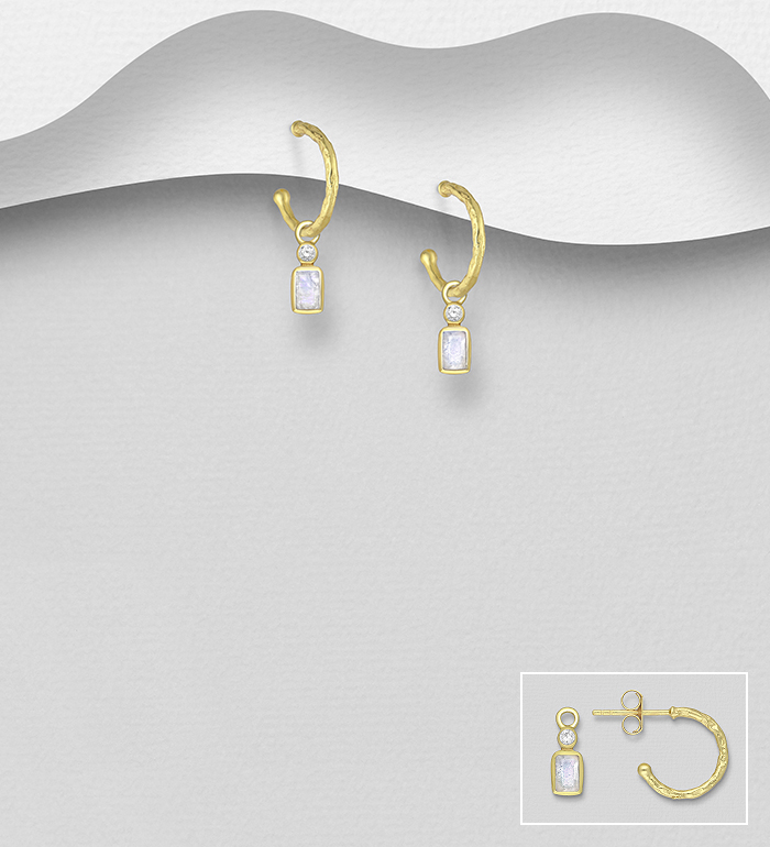 Desire by 7K - Wholesale 925 Sterling Silver Push-Back Earrings, Decorated with Rainbow Moonstone and White Zircon, Plated with 0.3 Micron 18K Yellow Gold - SKU #2070-92A