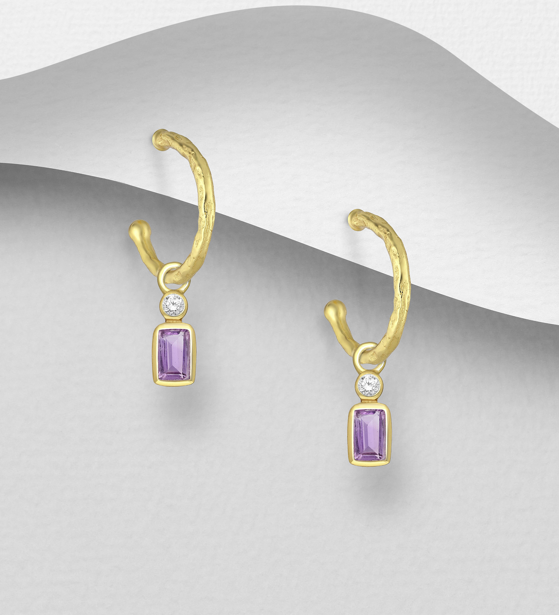 Desire by 7K - Wholesale 925 Sterling Silver Push-Back Earrings, Decorated with Amethyst and White Zircon, Plated with 0.3 Micron 18K Yellow Gold - SKU #2070-92B
