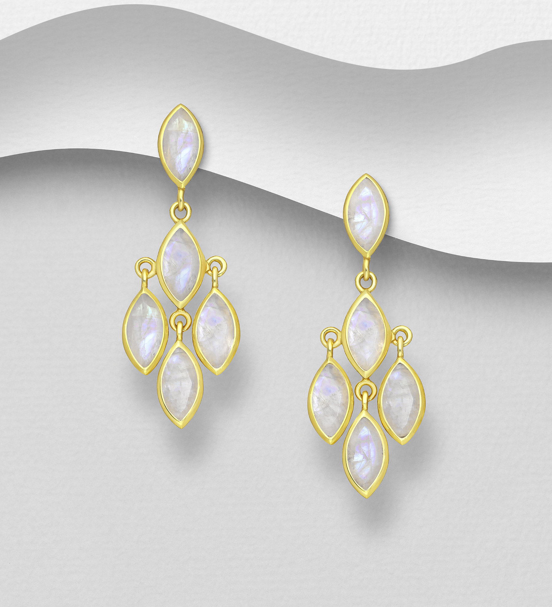 Desire by 7K - Wholesale 925 Sterling Silver Push-Back Earrings, Decorated with Rainbow Moonstone, Plated with 0.3 Micron 18K Yellow Gold - SKU #2070-93A