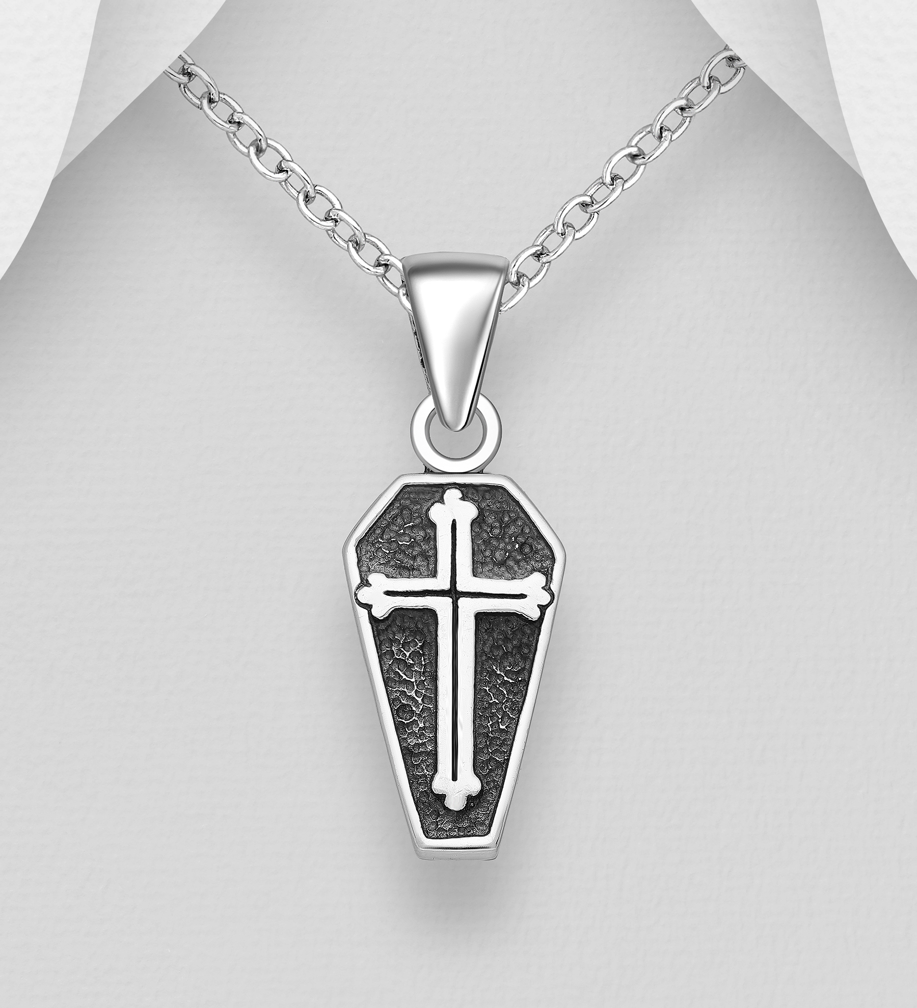 Wholesale 925 Sterling Silver Oxidized Coffin and Cross Pendant - SKU #706-36529