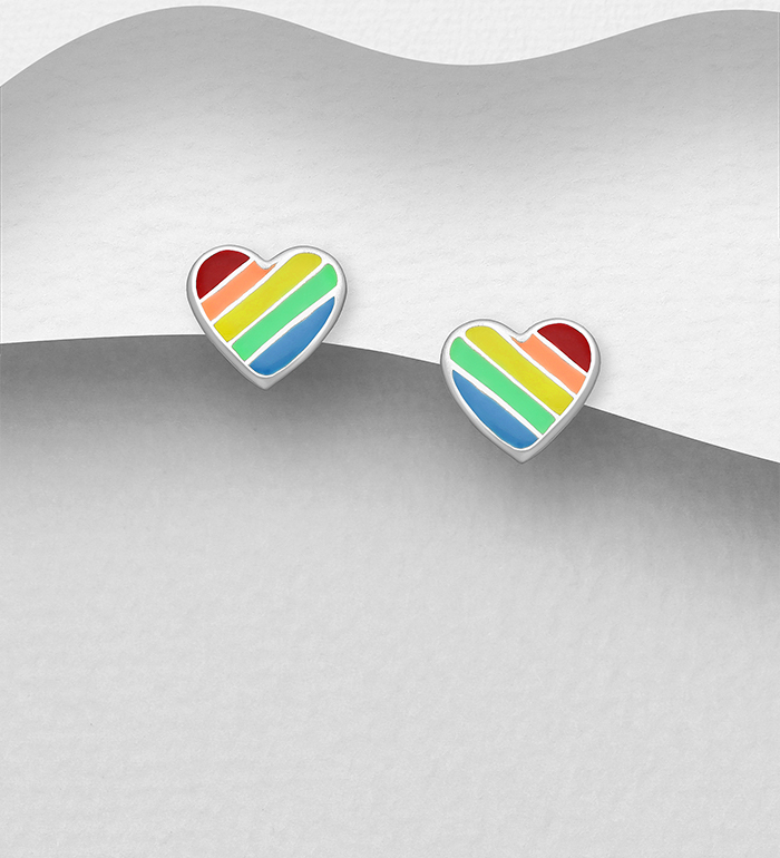 Wholesale 925 Sterling Silver Heart Push-Back Earrings, Decorated with Colored Enamel - SKU #1068-2075