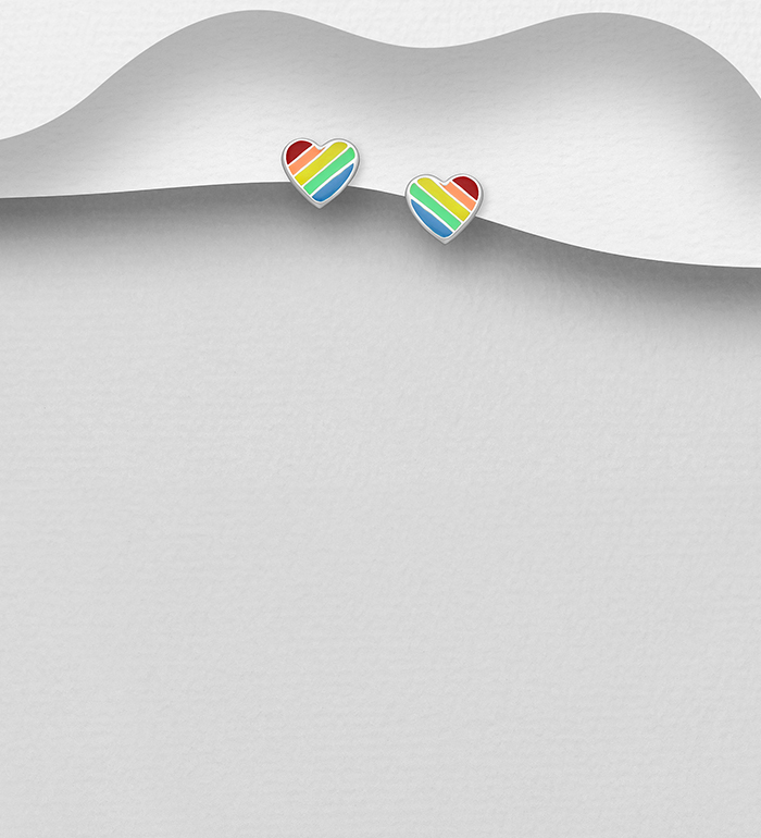 Wholesale 925 Sterling Silver Heart Push-Back Earrings, Decorated with Colored Enamel - SKU #1068-2075
