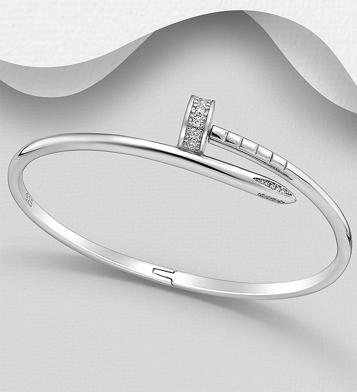 Wholesale 925 Sterling Silver Nail Bangle, Decorated with CZ Simulated Diamonds - SKU #701-28632