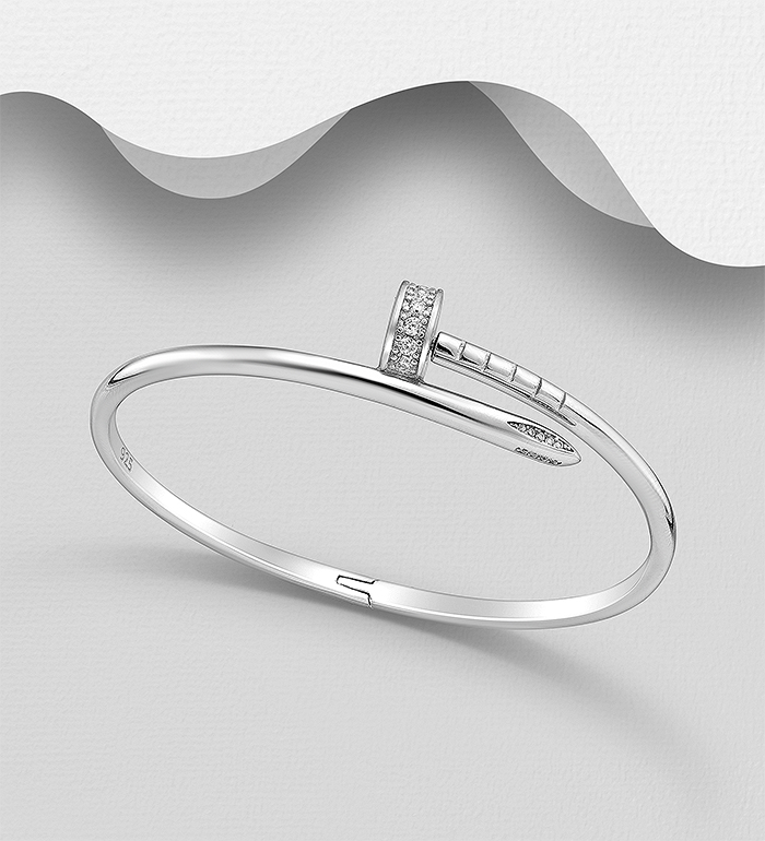 Wholesale 925 Sterling Silver Nail Bangle, Decorated with CZ Simulated Diamonds - SKU #701-28632