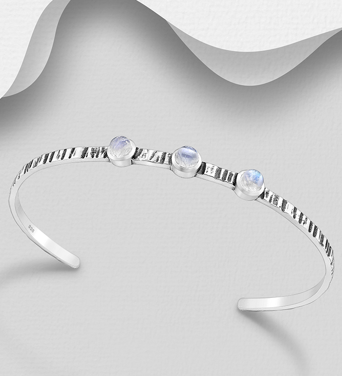 Wholesale 925 Sterling Silver Oxidized Cuff, Decorated with Rainbow Moonstone - SKU #1063-3794A