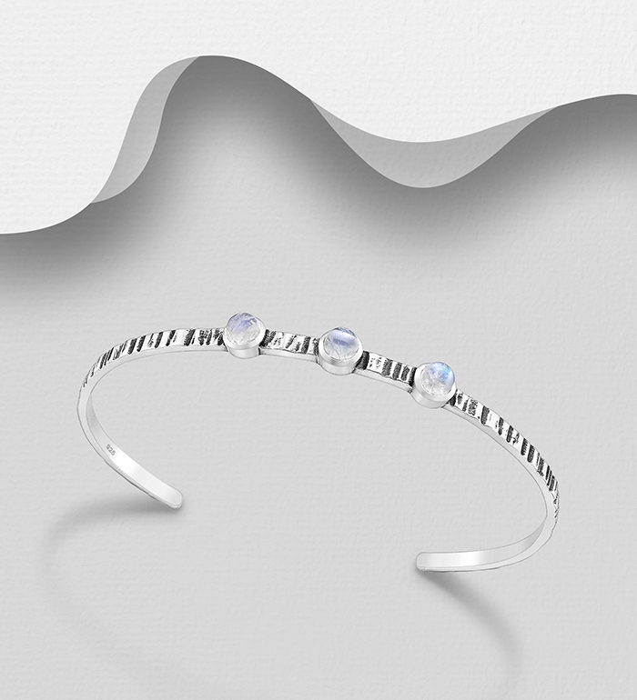 Wholesale 925 Sterling Silver Oxidized Cuff, Decorated with Rainbow Moonstone - SKU #1063-3794A