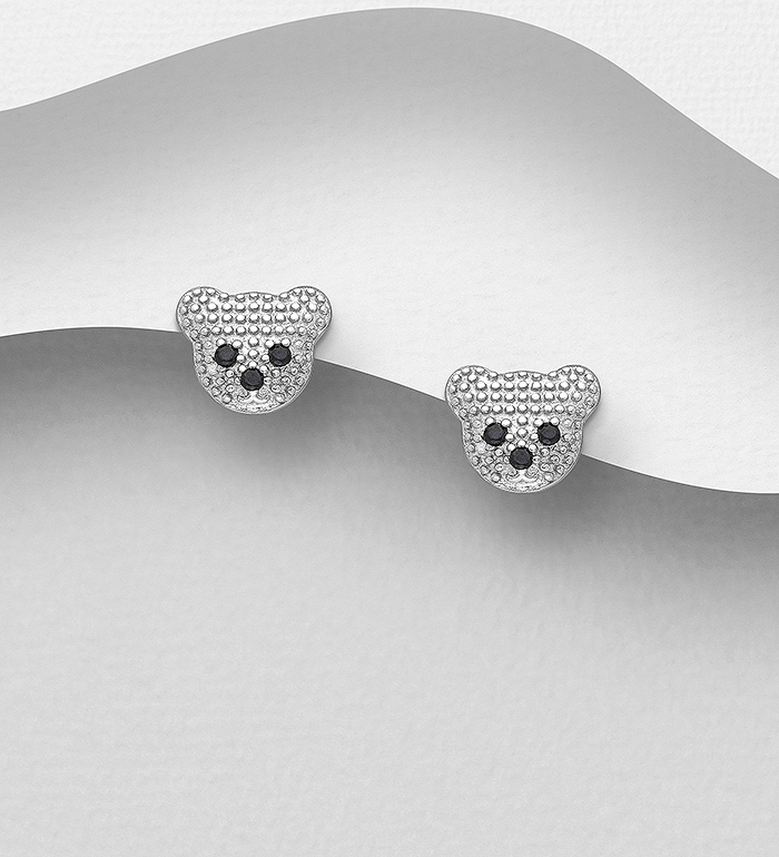 Wholesale 925 Sterling Silver Bear Push-Back Earrings, Decorated with CZ Simulated Diamonds - SKU #701-28688