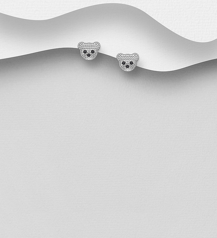 Wholesale 925 Sterling Silver Bear Push-Back Earrings, Decorated with CZ Simulated Diamonds - SKU #701-28688