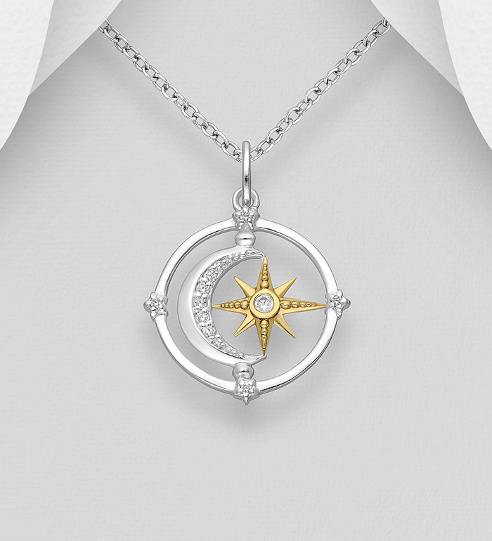 Wholesale 925 Sterling Silver Moon and Star Pendant Decorated with CZ Simulated Diamonds, Star Plated with 1 Micron 18K Yellow Gold - SKU #1063-3856A