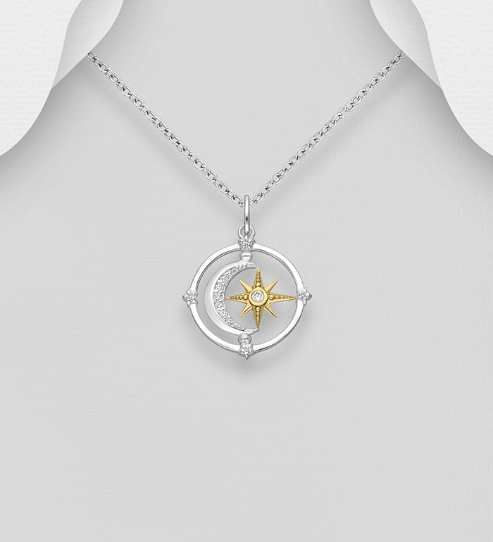 Wholesale 925 Sterling Silver Moon and Star Pendant Decorated with CZ Simulated Diamonds, Star Plated with 1 Micron 18K Yellow Gold - SKU #1063-3856A