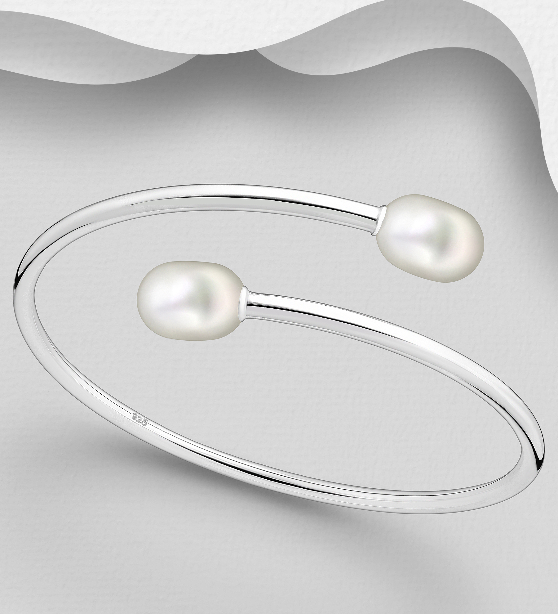 Wholesale 925 Sterling Silver Cuff, Decorated with Freshwater Pearls - SKU #382-6277