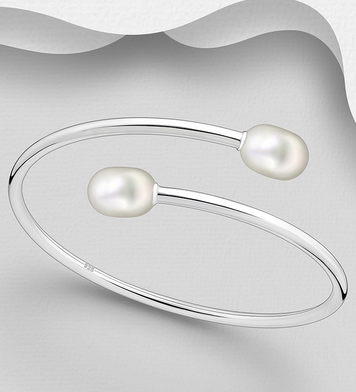 Wholesale 925 Sterling Silver Cuff, Decorated with Freshwater Pearls - SKU #382-6277