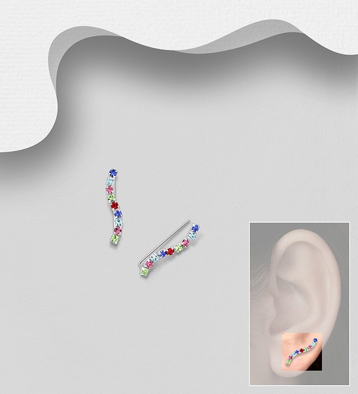 Wholesale 925 Sterling Silver Ear Pins, Decorated with Crystal Glass - SKU #578-2850