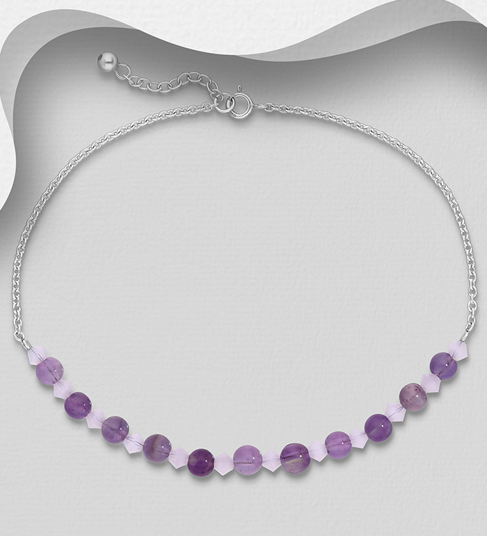 Wholesale 925 Sterling Silver Anklet, Beaded with Amethyst and Crystal Glass - SKU #1562-489
