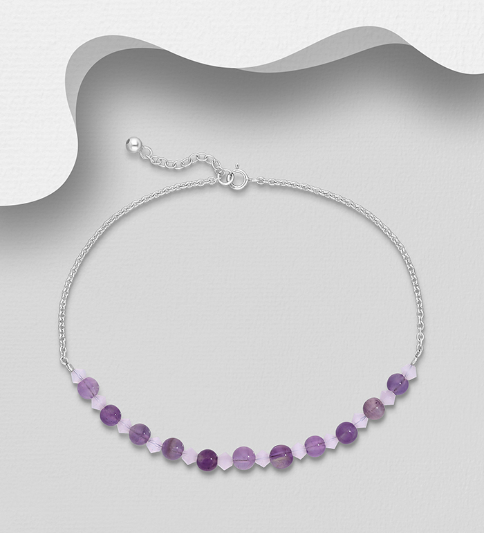 Wholesale 925 Sterling Silver Anklet, Beaded with Amethyst and Crystal Glass - SKU #1562-489
