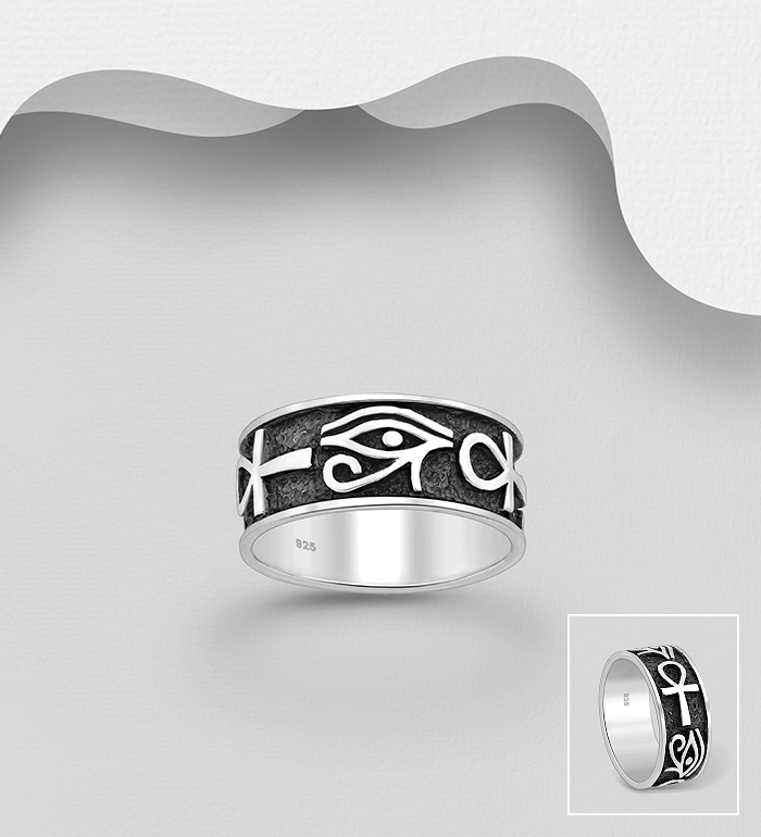 Wholesale 925 Sterling Silver Oxidized The Eye Of Ra and Egyptian Cross Ring - SKU #1563-1223