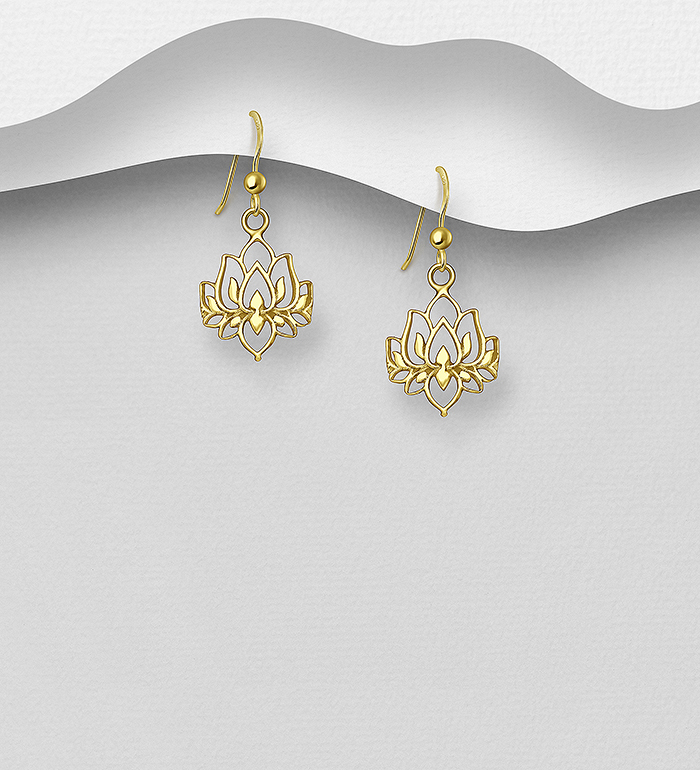Wholesale 925 Sterling Silver Lotus Earrings, Plated with 1 Micron 18K Yellow Gold - SKU #1535-1465
