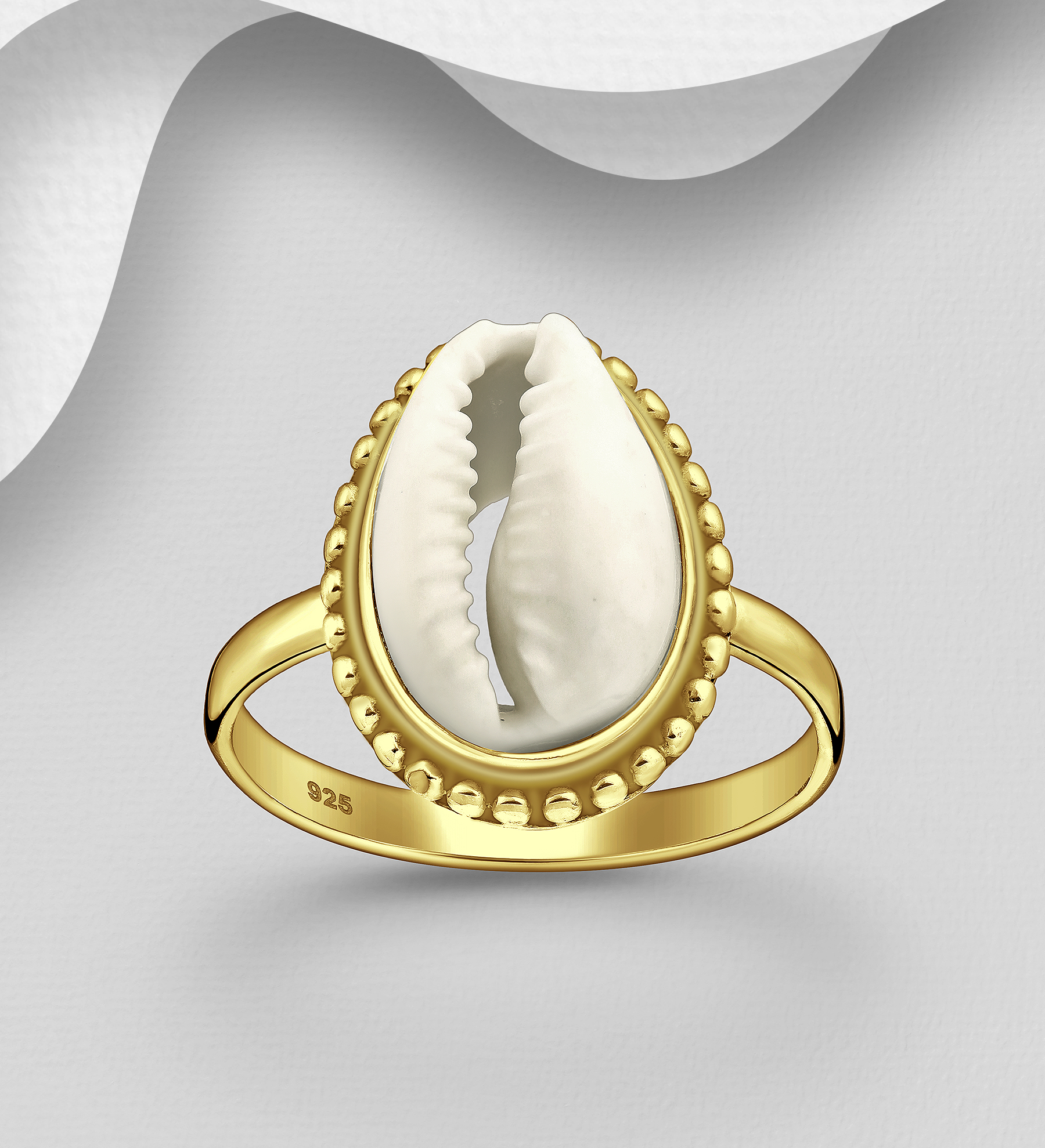 Wholesale 925 Sterling Silver Ring, Decorated with Shell and Plated with 1 Micron 18K Yellow Gold - SKU #1535-1473