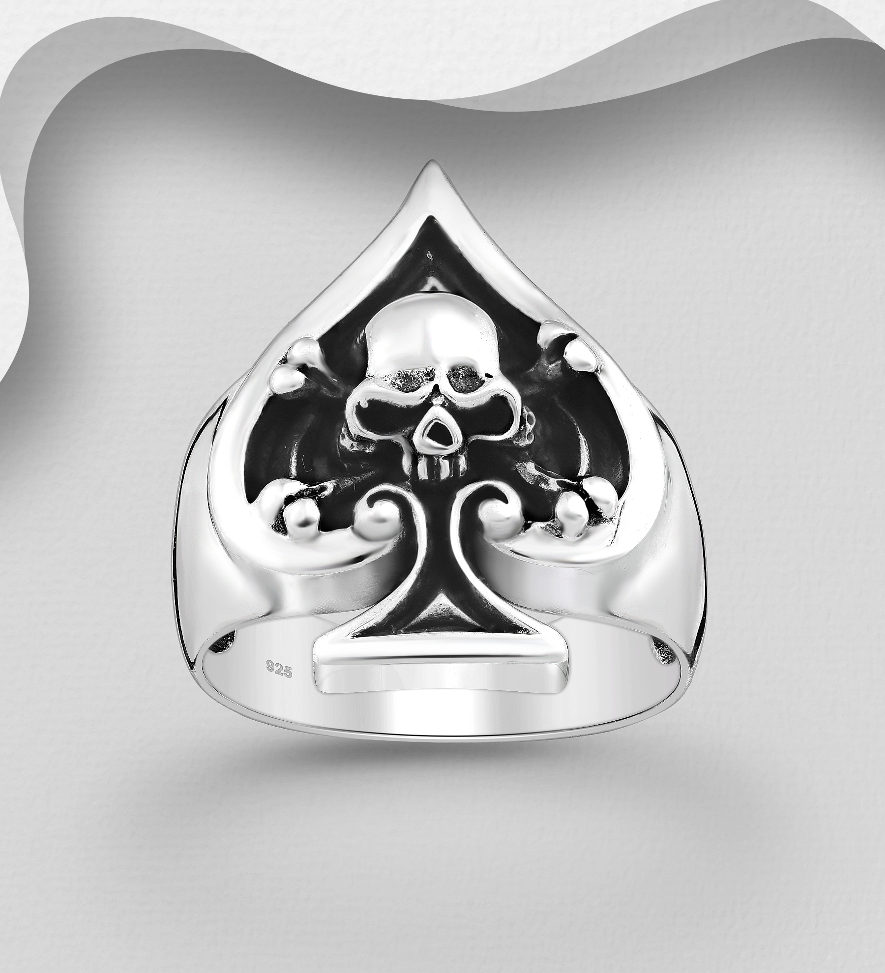 Wholesale 925 Sterling Silver Oxidized Skull and Spades Card Symbol Ring - SKU #768-606