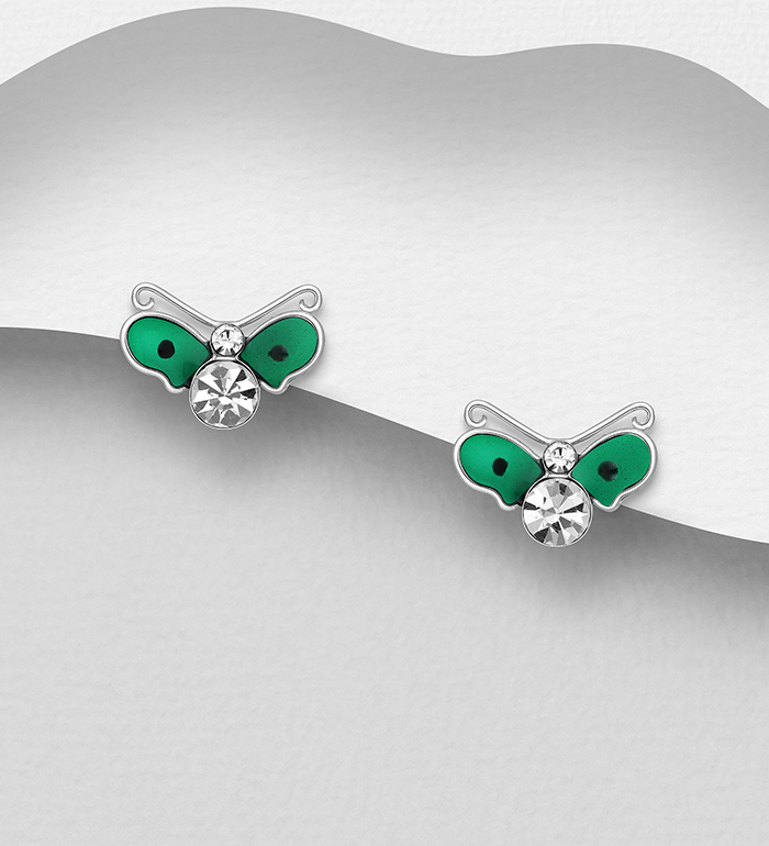 Wholesale 925 Sterling Silver Butterfly Push-Back Earrings, Decorated with Colored Enamel and Crystal Glass - SKU #578-2853