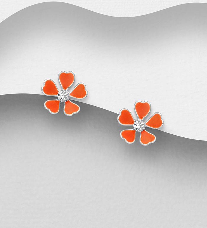 Wholesale 925 Sterling Silver Flower Push-Back Earrings, Decorated with Colored Enamel and Crystal Glass - SKU #578-2854