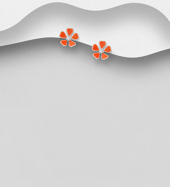 Wholesale 925 Sterling Silver Flower Push-Back Earrings, Decorated with Colored Enamel and Crystal Glass - SKU #578-2854