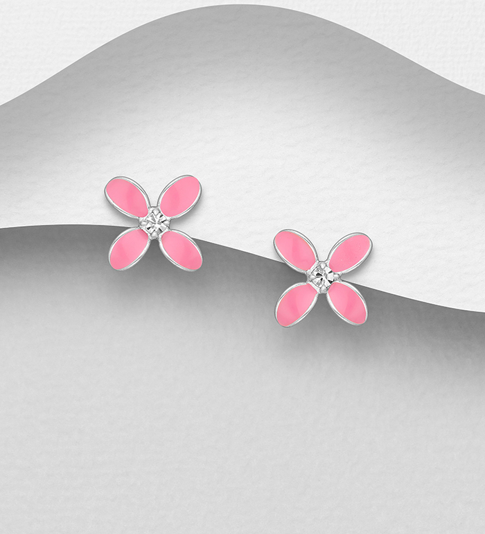 Wholesale 925 Sterling Silver Flower Push-Back Earrings, Decorated with Colored Enamel and Crystal Glass - SKU #578-2855