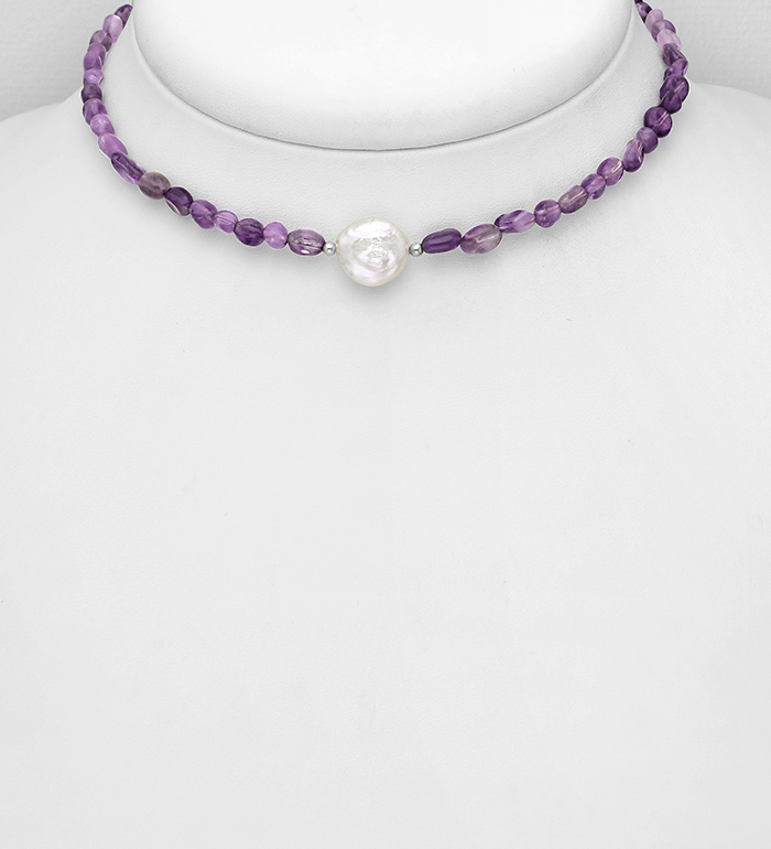 Wholesale 925 Sterling Silver Choker, Beaded with Various Gemstone Beads and Freshwater Pearl - SKU #781-7601