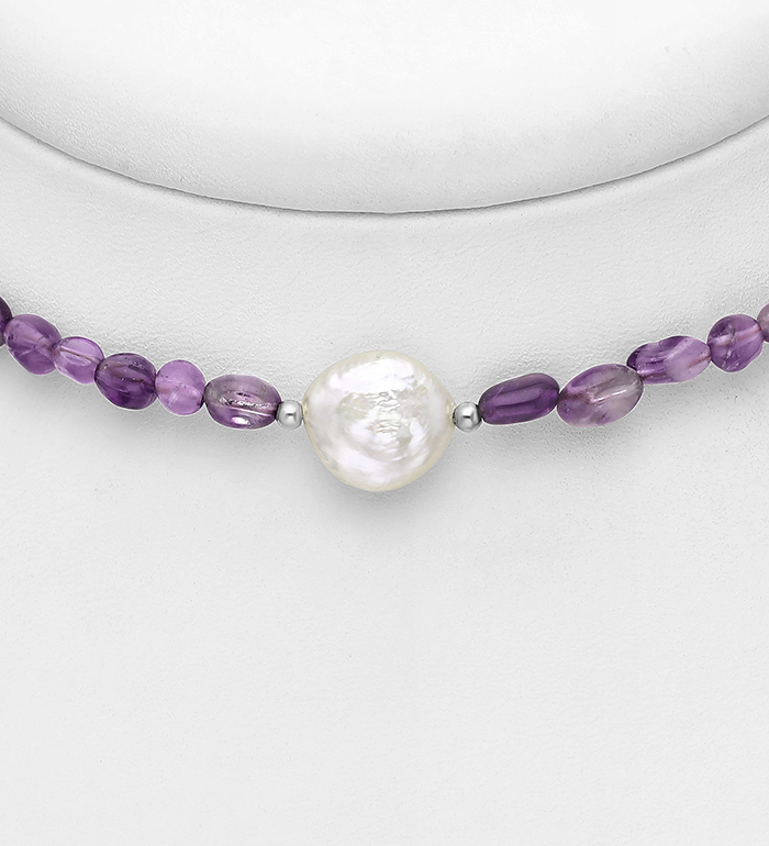 Wholesale 925 Sterling Silver Choker, Beaded with Various Gemstone Beads and Freshwater Pearl - SKU #781-7601