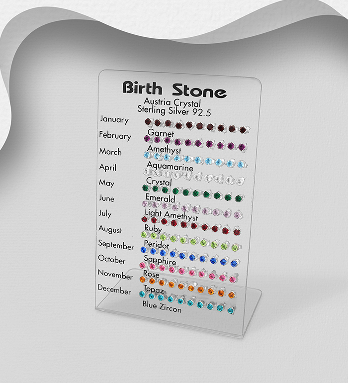 Wholesale 925 Sterling Silver Push-Back Earrings Set of 60 Pairs, Decorated with Various Colors of Crystal Glass. Comes with Display. - SKU #203-42