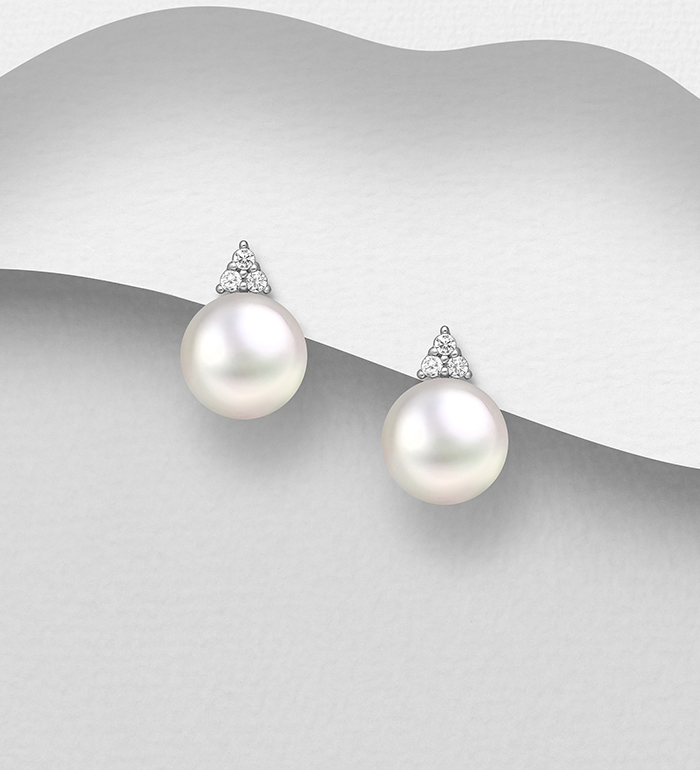 Wholesale 925 Sterling Silver Push-Back Earrings, Decorated with Freshwater Pearls and CZ Simulated Diamonds - SKU #382-6306