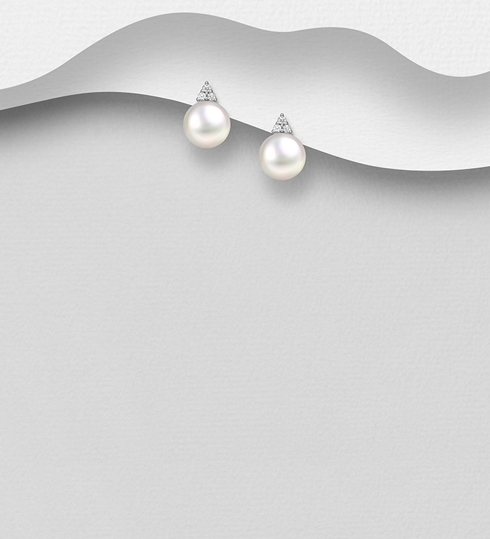 Wholesale 925 Sterling Silver Push-Back Earrings, Decorated with Freshwater Pearls and CZ Simulated Diamonds - SKU #382-6306
