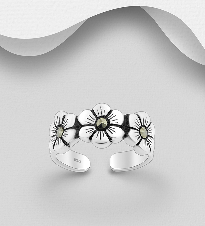 Wholesale 925 Sterling Silver Oxidized Flower Toe Ring, Decorated with Marcasite - SKU #792-1277