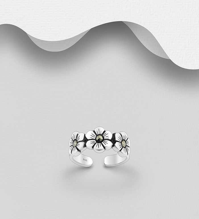 Wholesale 925 Sterling Silver Oxidized Flower Toe Ring, Decorated with Marcasite - SKU #792-1277