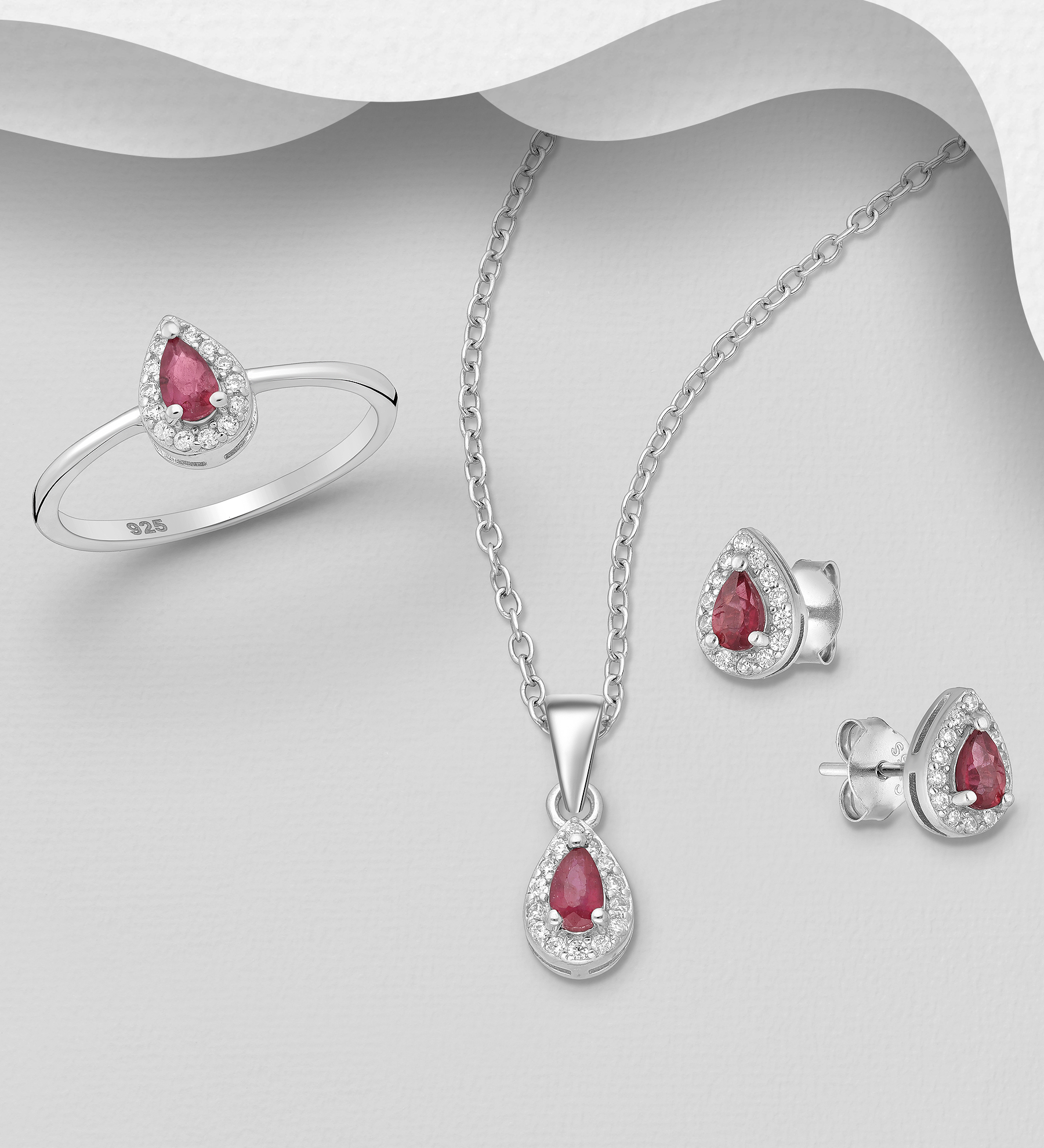 La Preciada - Wholesale 925 Sterling Silver Halo Push Back Earrings, Pendant and Ring Jewelry Set, Decorated with Various Gemstones and CZ Simulated Diamonds - SKU #1181-4918