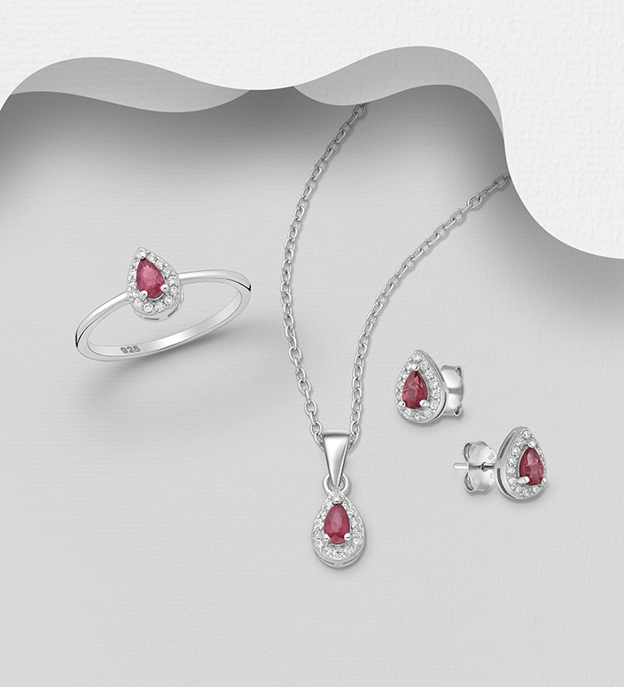 La Preciada - Wholesale 925 Sterling Silver Halo Push Back Earrings, Pendant and Ring Jewelry Set, Decorated with Various Gemstones and CZ Simulated Diamonds - SKU #1181-4918