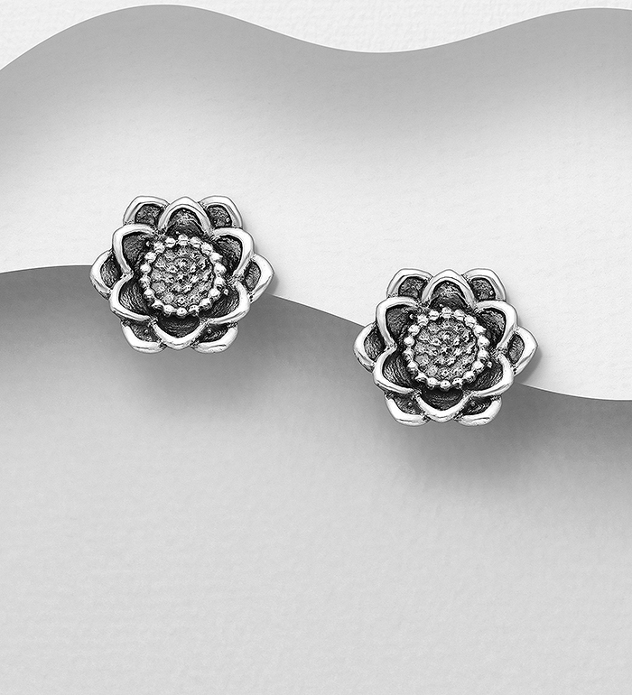 Wholesale 925 Sterling Silver Oxidized Lotus Push-Back Earrings - SKU #706-37293