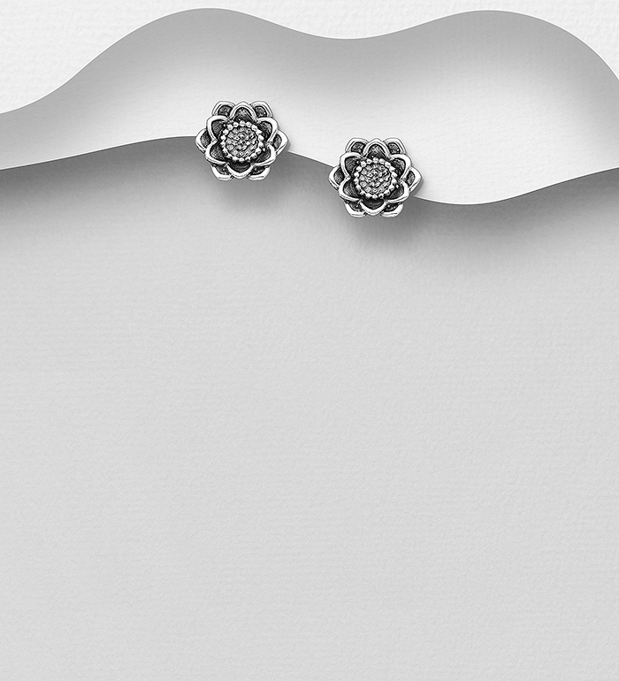 Wholesale 925 Sterling Silver Oxidized Lotus Push-Back Earrings - SKU #706-37293