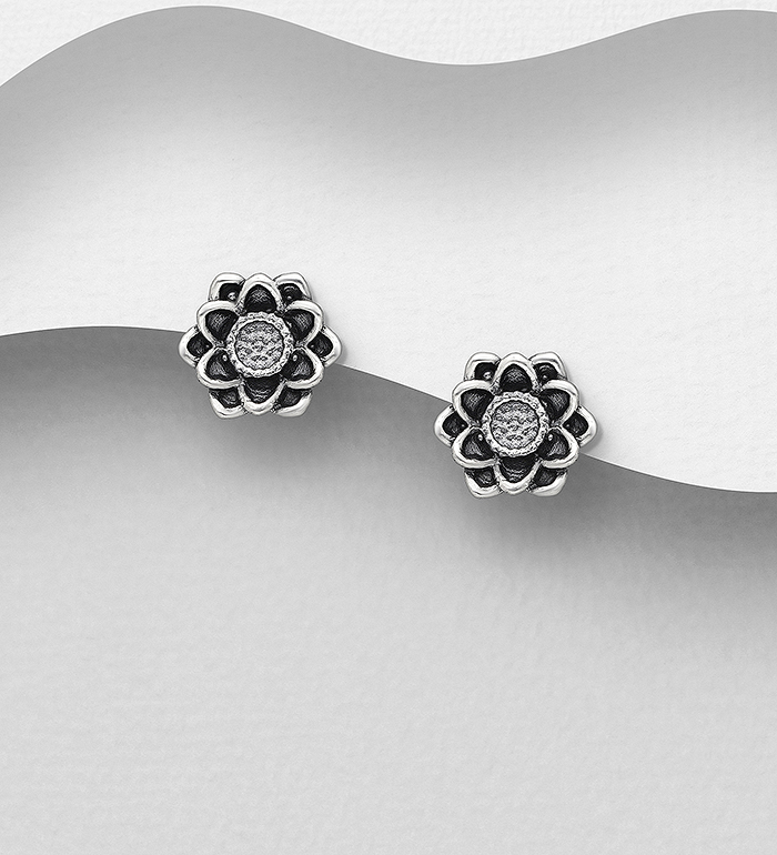 Wholesale 925 Sterling Silver Oxidized Lotus Push-Back Earrings - SKU #706-37294