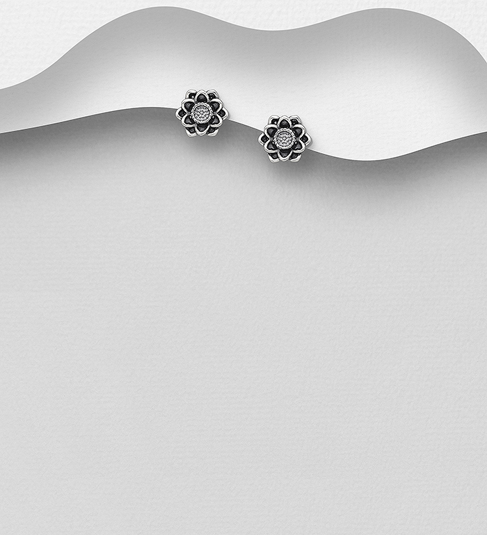 Wholesale 925 Sterling Silver Oxidized Lotus Push-Back Earrings - SKU #706-37294