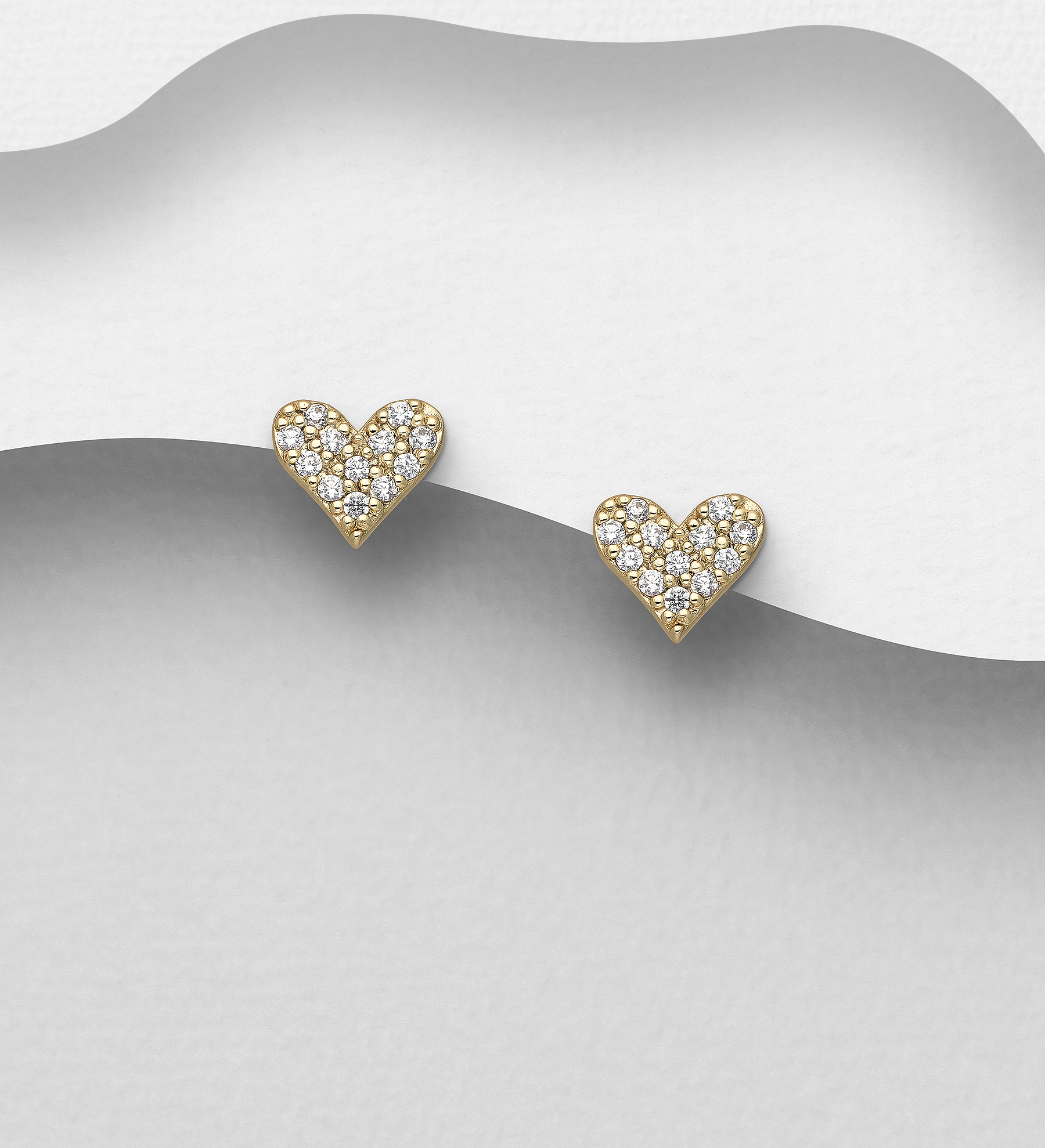 Wholesale 925 Sterling Silver Heart Push-Back Earrings, Decorated with CZ Simulated Diamonds and Plated with 1 Micron 14K Yellow Gold - SKU #1063-4227B