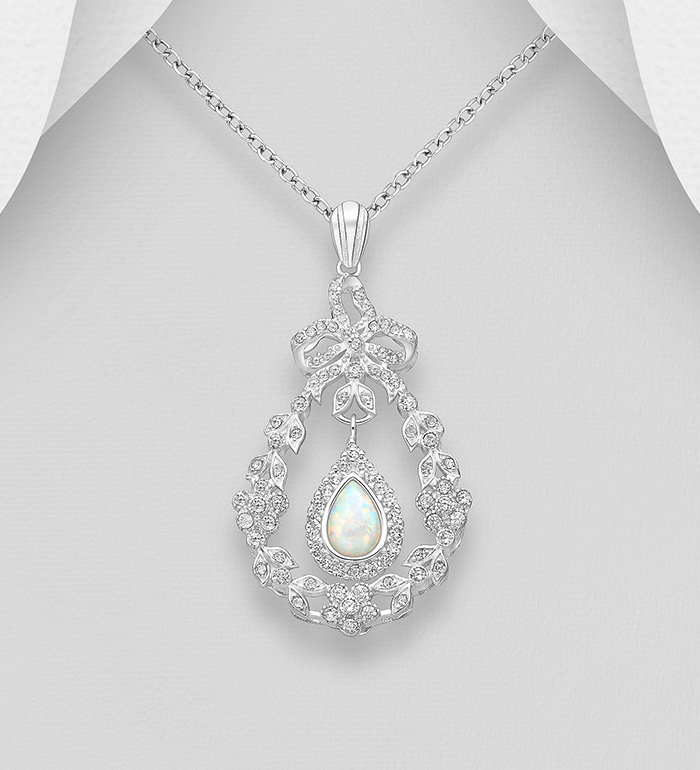 Wholesale 925 Sterling Silver Pendant, Decorated with Lab-Created Opal and CZ Simulated Diamonds - SKU #1479-1504