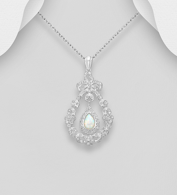 Wholesale 925 Sterling Silver Pendant, Decorated with Lab-Created Opal and CZ Simulated Diamonds - SKU #1479-1504