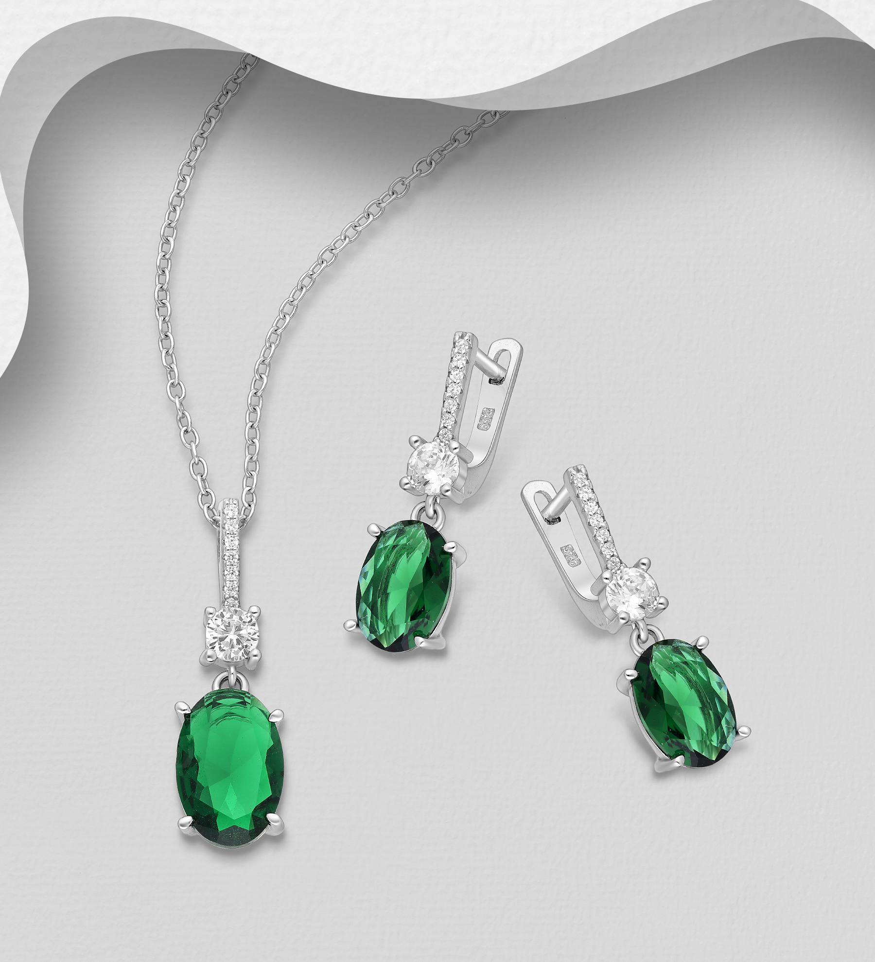 Wholesale 925 Sterling Silver Omega Lock Earrings and Pendant Jewelry Set, Decorated with CZ Simulated Diamonds - SKU #848-1591