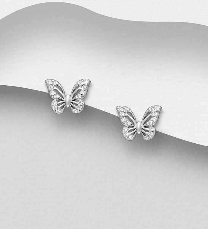 Wholesale 925 Sterling Silver Butterfly Push-Back Earrings, Decorated with CZ Simulated Diamond - SKU #701-29169