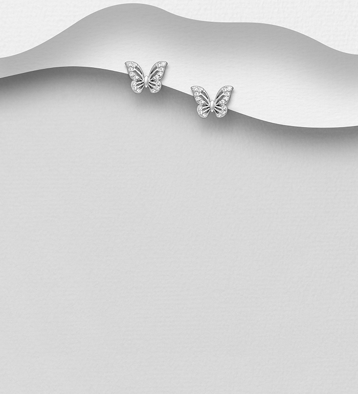 Wholesale 925 Sterling Silver Butterfly Push-Back Earrings, Decorated with CZ Simulated Diamond - SKU #701-29169