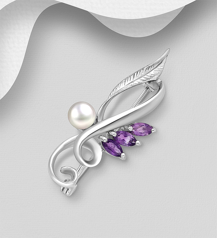 Wholesale 925 Sterling Silver Leaf Brooch, Decorated with Freshwater Pearl and Various Gemstones - SKU #883-8658