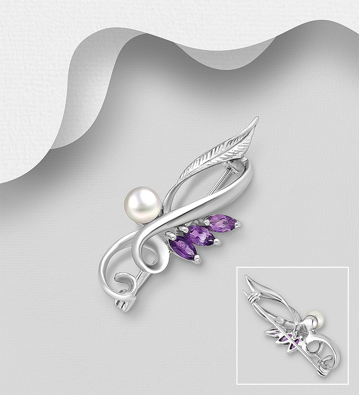 Wholesale 925 Sterling Silver Leaf Brooch, Decorated with Freshwater Pearl and Various Gemstones - SKU #883-8658