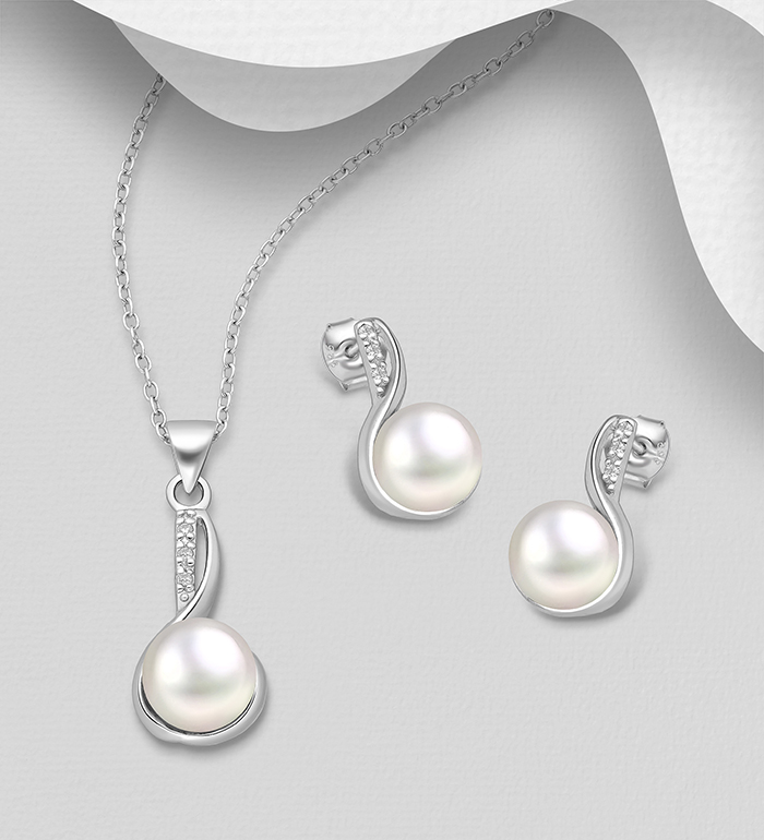 Wholesale 925 Sterling Silver Push-Back Earrings and Pendant Jewelry Set, Decorated with Freshwater Pearls and CZ Simulated Diamonds - SKU #382-6362